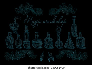 Set of different bottles and cans magic potions and liquids to the magic of cooking or kitchen design with feathers on a black background