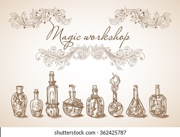 Set different bottles   cans magic potions   liquids to the magic cooking kitchen design and feathers   