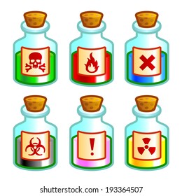 Set of different bottles with dangerous liquids