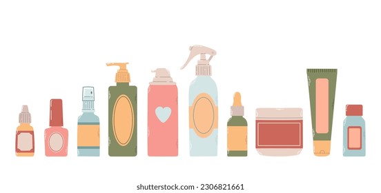 Set of different bottles, flacons, sprays for design cosmetic products in colorful flat vector illustration. Cosmetology, dermatology, podology