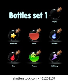 Set of different bottles game icons. Cartoon vector illustration to create original video or web games, graphic design, screen savers. Design for app user interface