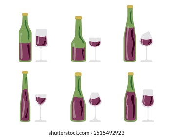 Conjunto de diferentes garrafas e copos de vidro. Ilustração vetorial de garrafas de vinho tinto. Bar, conceito do restaurante