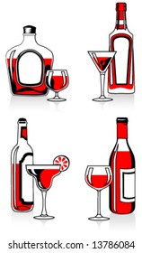 Set of different bottles and glasses