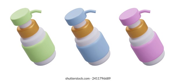 Set with different bottles in green, blue, and pink color on white background. Bottle with dispenser. Cosmetic for personal care. Vector illustration in 3d style