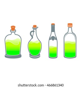 Set with different bottles on white background. Absinthe. Elixir.