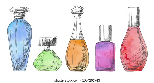 Set of different bottles of perfume. Vector illustration of a sketch style. Stylized watercolor. EPS 10