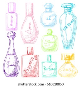 Set of different bottles of perfume. Vector illustration of a sketch style.