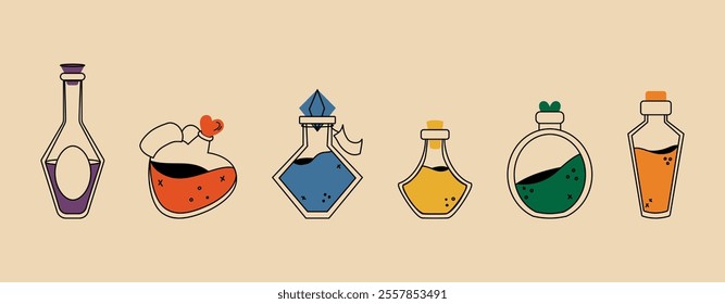 A set of different bottles with potions in a retro style. Magic and alchemy.