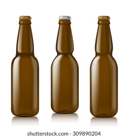 Set of different bottles realistic. Different forms of beer glass transparent empty bottles. Samples are ready for your design. Mock Up Template Isolated On White Background. Vector illustration