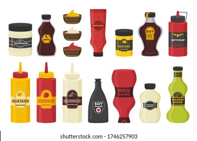 Set of different bottles with sauces - ketchup, mustard, soy, wasabi, mayonnaise, bbq in flat design. Collection bottle and bowl sauce for cooking isolated on white background. Vector illustration.