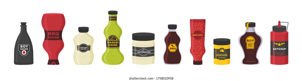 Conjunto de botellas diferentes con salsas - ketchup, mostaza, soja, wasabi, mayonesa, bbq en diseño plano. Recolección de botellas y salsa de tazón para cocinar aislada en fondo blanco. Ilustración vectorial.