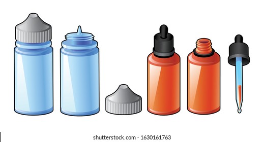 A set of different bottles for vape juice (vape liquid) on plastic blue and glass red bottles with a dropper