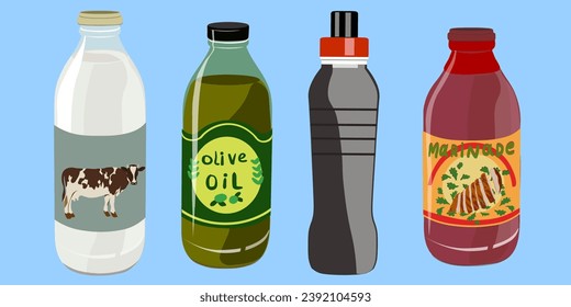 set of different bottles in vector.milk,olive oil,ketchup,energy drink.items in semi-realism style.objects for design of application website flyers booklet advertising and packaging.