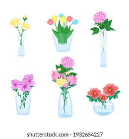 Set of different bouquets of flowers in vases with different shapes. Beautiful flowers in minimalist glass vases, vector illustration in flat style.