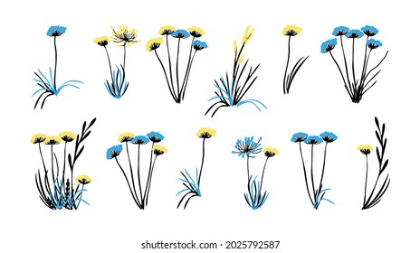 Conjunto de diferentes ramos de flores silvestres y jardineras ilustraciones vectoriales planas. Colección de inflorescencias vegetales y hojas aisladas en blanco.
