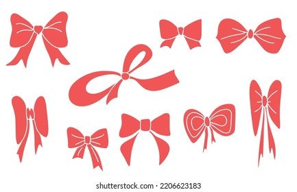 Set of different bow ribbon hand draw color illustration.