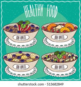 Set of different bowls of oatmeal, similar to muesli or granola, with such ingredients as berries, fruit and butter. Cyan background. Handmade cartoon style. Vector illustration