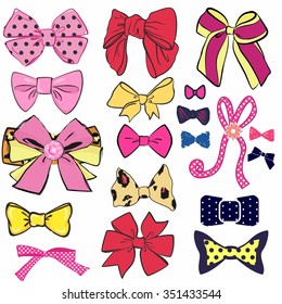 Set of different bows of my other illustrations.  Sketch bows drawn in different styles isolated on white background. Useful elements for your design