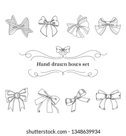 Set of different bows. Outline contour cliparts. Design elements for coloring book, invitations, greeting cards, prints. Thin line Ink sketch style drawings. Hand drawn isolated vector illustrations.