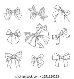 Set of different bows. Outline contour cliparts. Design elements for coloring book, invitations, greeting cards, prints. Thin line Ink sketch style drawings. Hand drawn isolated vector illustrations.