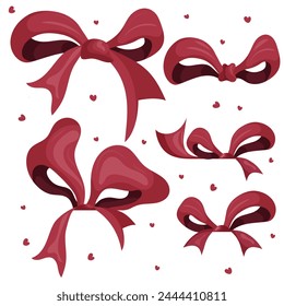 Set of different bows and ribbons. Hand drawn on an isolated white background. It is a vector illustration set.