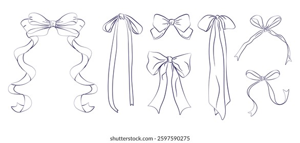 A set of different bows and ribbons, hand drawn in a minimalist style. Vector illustration. Isolated.