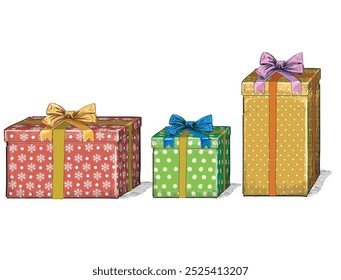  set of different box christmas present patterns with ribbon gift vector isolated on white background