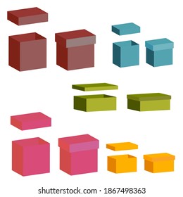 Conjunto de diferentes cajas con tapas para regalos. Ilustración vectorial de cajas 3d de diferentes colores sobre fondo blanco.