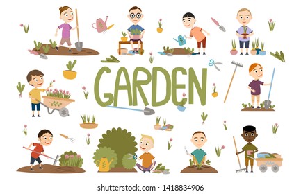 Set different boy gardening plants, weed beds, watering seedlings, pruning bushes and trees, working in the garden. People and garden tools. Vector illustration