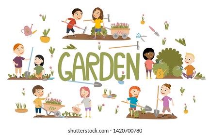 Set different boy and girl gardening plants, weed beds, watering seedlings, pruning bushes and trees, collect tulips, working in the garden. People and garden tools. Vector illustration