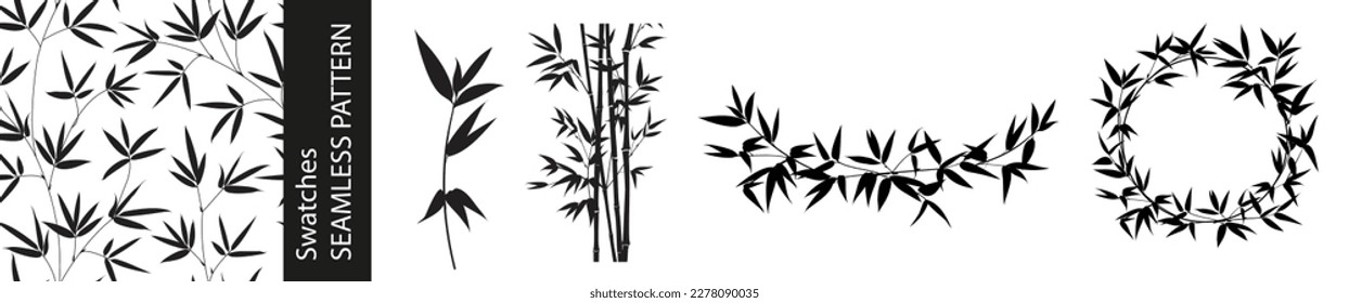 Set of different branches of bamboo leaves, seamless pattern and circle frame on white background.