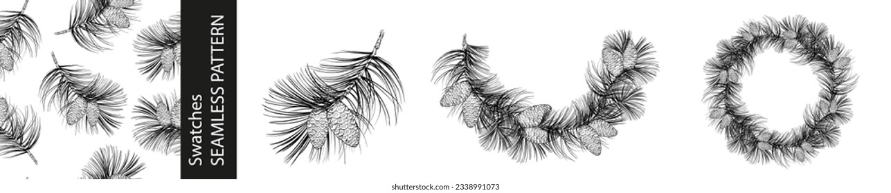 Set of different branches of fir, seamless pattern and circle frame on white background.