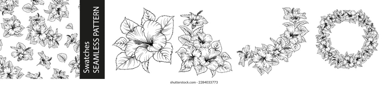 Set of different branches of hibiscus flowers, seamless pattern and circle frame on white background.