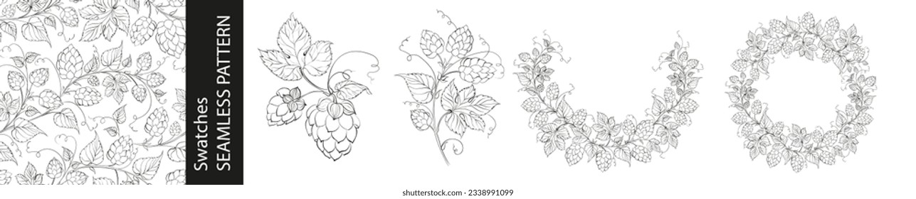 Set of different branches of hops, seamless pattern and circle frame on white background.