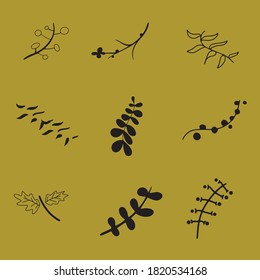 A set of different branches, leaves. Silhouettes of plants. Vector botanical illustration.