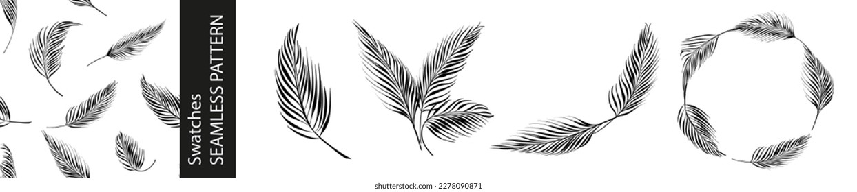 Set of different branches of palm leaves, seamless pattern and circle frame on white background.