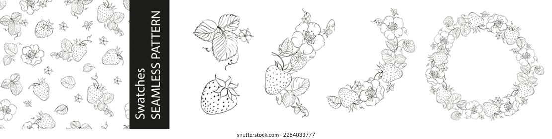 Set of different branches of strawberry berries, pattern and circle frame on white background.