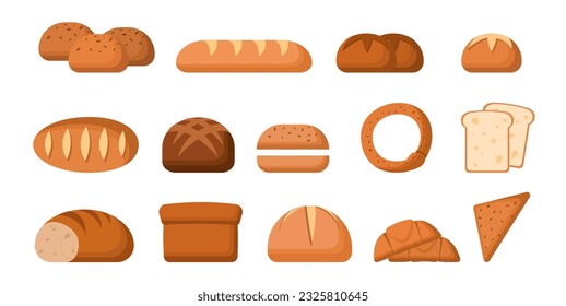 Set of different breads concept. Flour products and pastries. Croissants and samsa. Unhealthy fast food. Bun and baguette. Cartoon flat vector collection isolated on white background