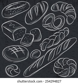 set of different breads on blackboard, vector