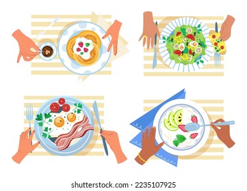 Set of different breakfast concept plate top view, european style food dish, people hand together eat flat vector illustration, isolated on white.