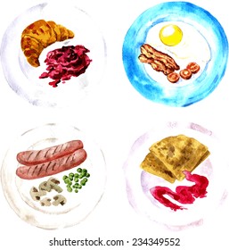 set of different breakfast, drawing by watercolor, hand drawn vector illustration