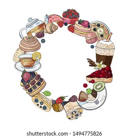Set of different breakfast elements in circle shape on white background. Hand drawn vector morning collection -tea, coffee, cakes, berries, muesli, croissants, macaroon. For cafe and restaurants menu.