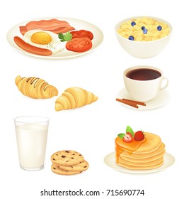 Set of different breakfast food isolated on white. Vector illustration.