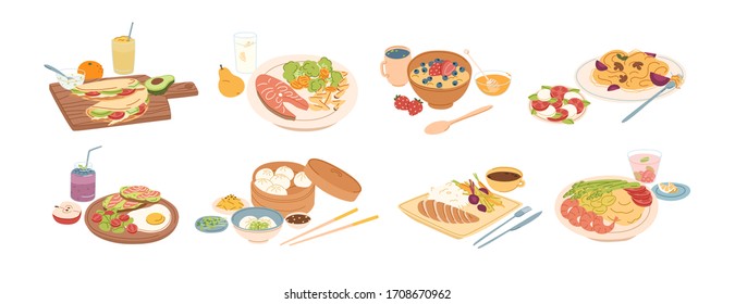 Set of different breakfast, lunch and dinner isolated on white background. Collection of cartoon appetizing fresh food and drink vector graphic illustration. Tasty colorful serving dish