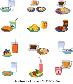 Set with different breakfasts. Healthy breakfast. Vector illustration isolated on white background. For cafes, menus and decor.