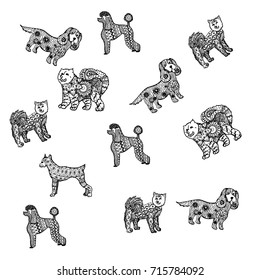 A set of different breeds of black dogs on a white background in a dudling style