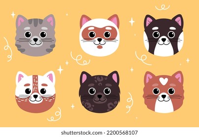 Conjunto de diferentes razas de gato. Colección de cabezas de animales adorables y adorables, mascotas. Juguete o mascota para los niños. Etiqueta de los medios sociales. Ilustraciones de caricaturas de vectores planos aisladas en fondo amarillo