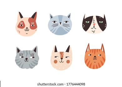 Conjunto de diferentes razas de muzzle de gatos muzzle vector ilustración plana. Retratos de colección de varios lindos animales domésticos infantiles aislados en blanco. Cabezas de gatito rayadas y esporádicas con elementos de diseño