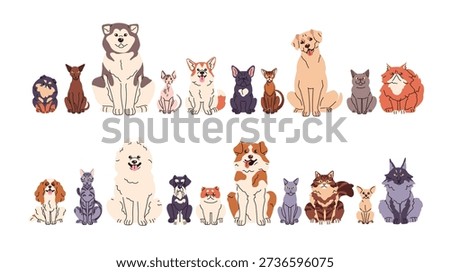 Set of different breeds of cats and dogs. Cute sitting kitties and puppies. Funny kittens and pups of Sphynx, Bulldog, Corgi. Happy pets, domestic animals. Flat isolated vector illustrations on white