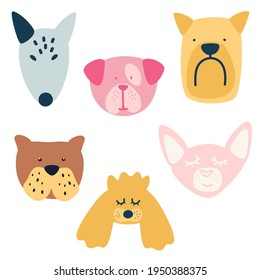 Set  of different breeds dogs. Bull terrier, maltese, poodle, bulldog dog, chihuahua. Collection of dog faces Hand drawn isolated vector illustration in doodle style on white background